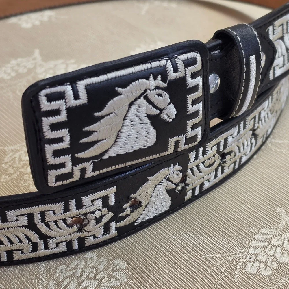 Mens Piteado Embroidered Leather Belt Black White Horse Charro Western Size 42